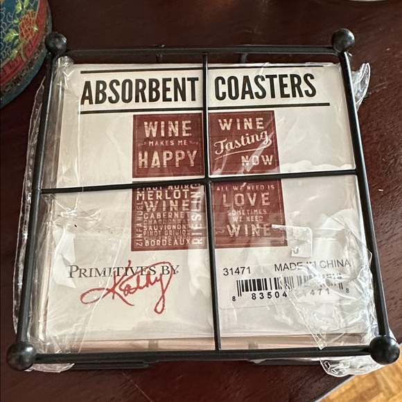 NWT Wine bundle 4 piece Primitives by Kathy Coaster set and wine bottle gift box - Picture 7 of 7